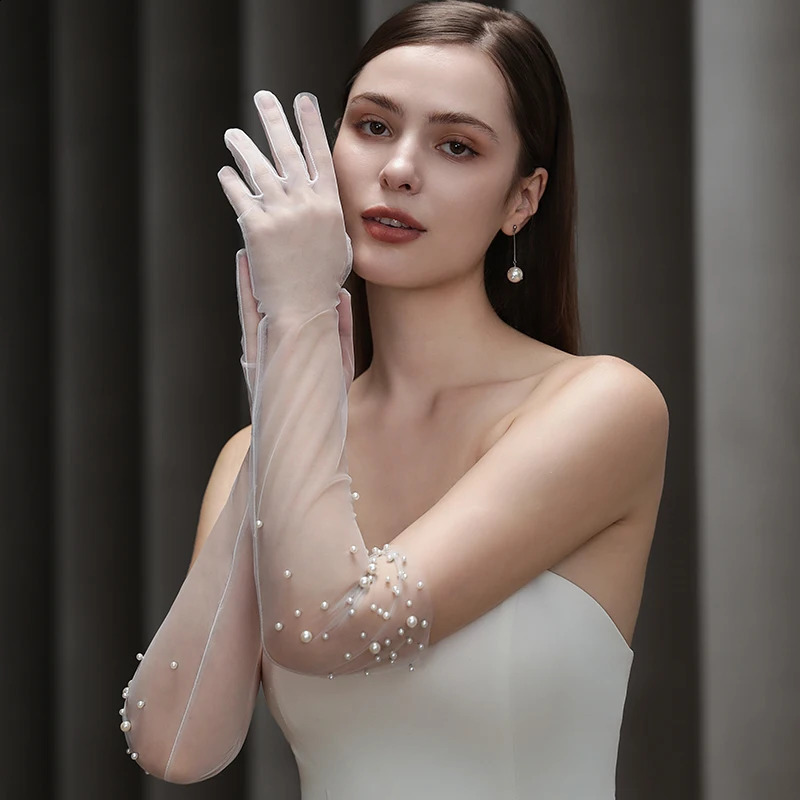 WG138 Bridal Gloves Heavy Handmade Beading Elegant Long Elegant Slim Wedding Dinner Party Tulle Gloves Wedding Accessories 250417