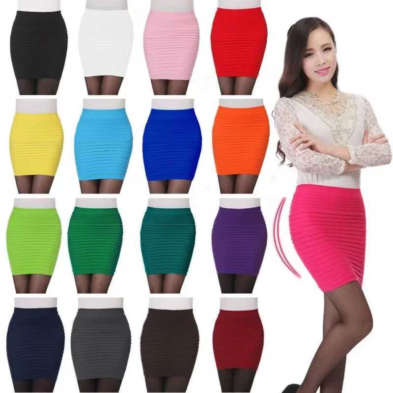 Summer womens high waisted solid color elastic pleated dress suitable for offices womens dresses ultra-thin mini skirts sexy womens pencil skirts M250