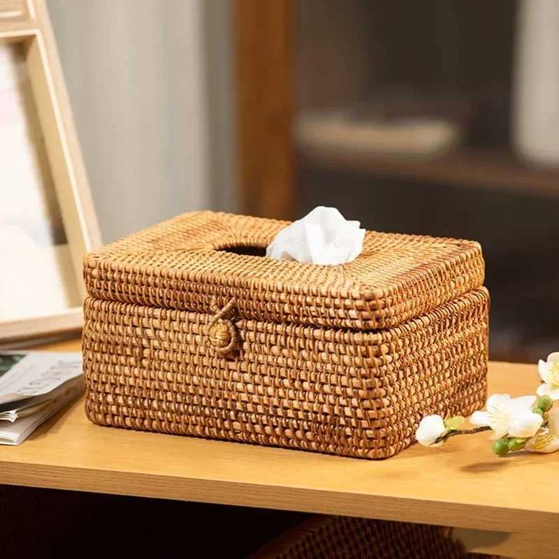 Simple Style Handmade Rattan Tissue Box Toilet Paper Cover Dispenser for Bathroom Home Office Hotel Napkin Storage ContainerM251124