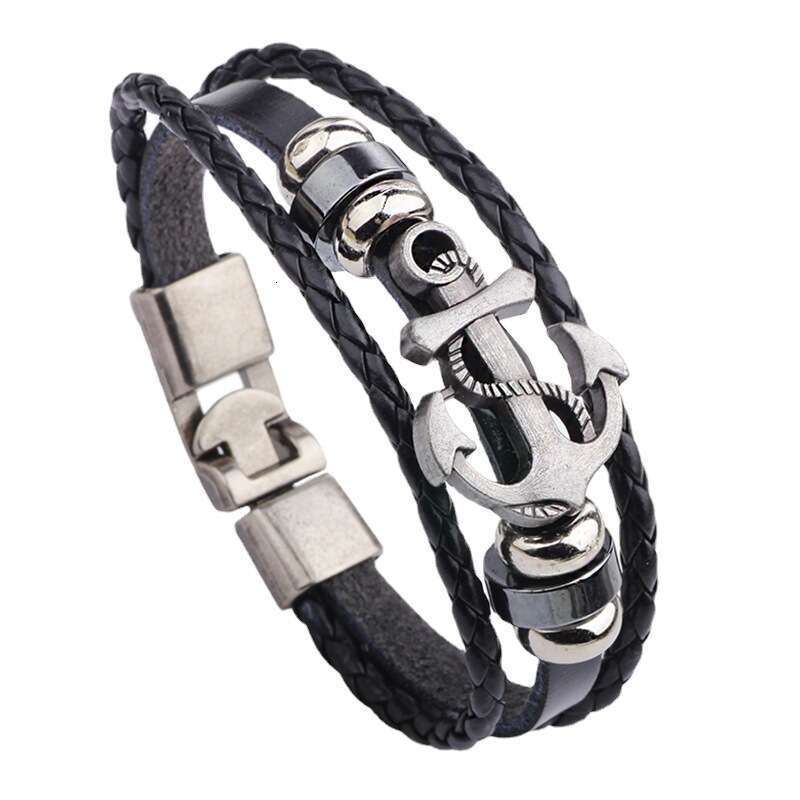 Multi layer Weaving Versatile Personalized Pirate Wind Ship Anchor Chain Leather Bracelet