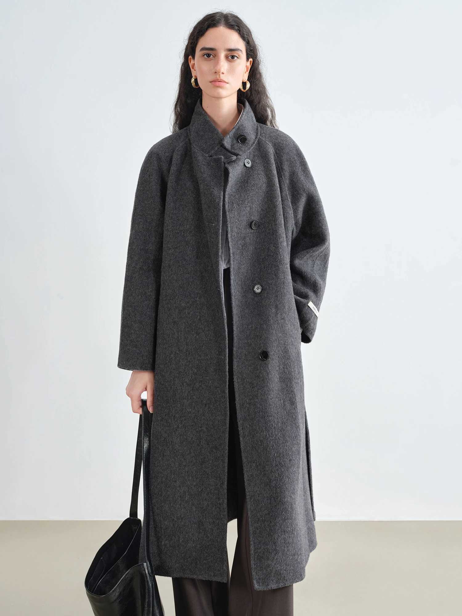 ZIQIAO Petite Size 2025 Autumn Winter Womens Stand Collar Cashmere Wool Blend Coat Long Tweed Overcoat for Small Size Slim Fit J251124