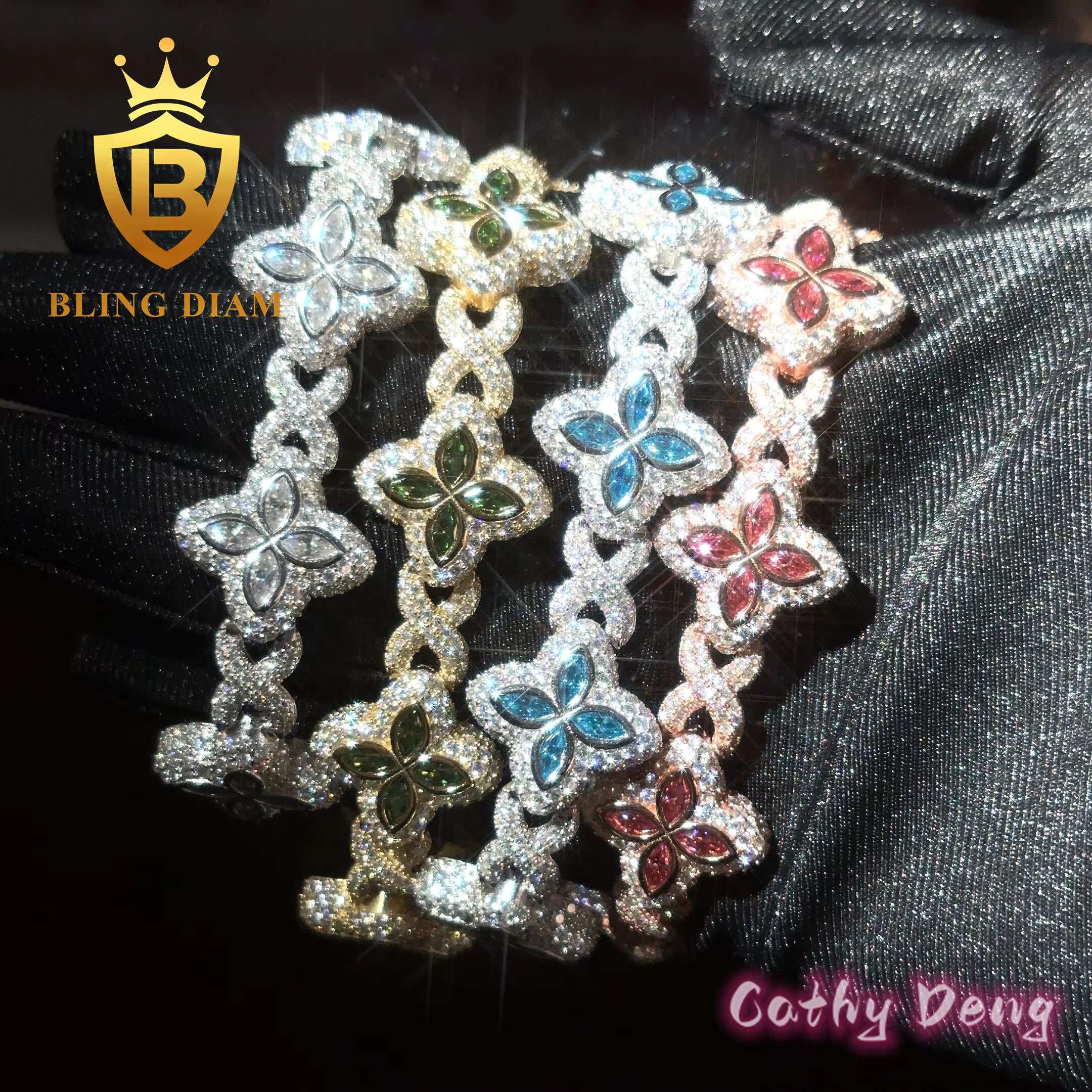 925 Silver Hip Hop Jewelry Marquise Cut Flower Moissanite Cuban Link Chain Bracelet for Men and Women Pass Diamond Test