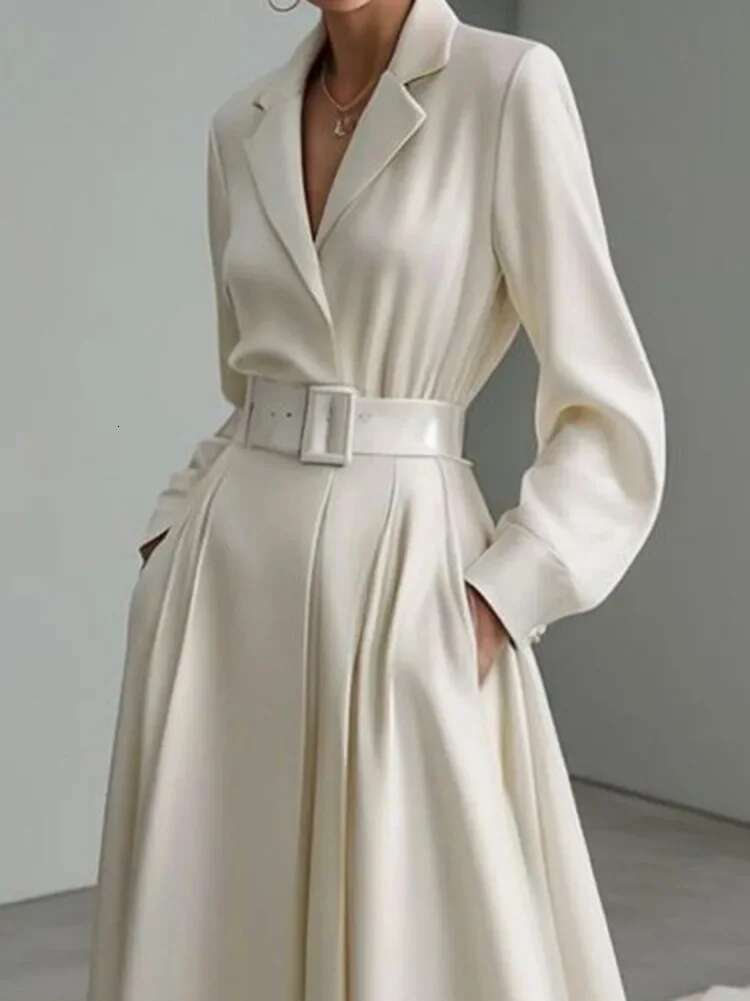 Freeacy Women's Notched Collar One-Piece Puff Sleeves High Waist Pleated Ankle-Length Party Dresses For Urban Female