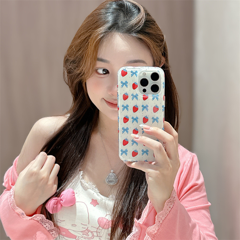 Polka Dot Bow Strawberry Phone Case Compatible iPhone 17/16 Pro Max Shockproof Protective Case iPhone 15/14