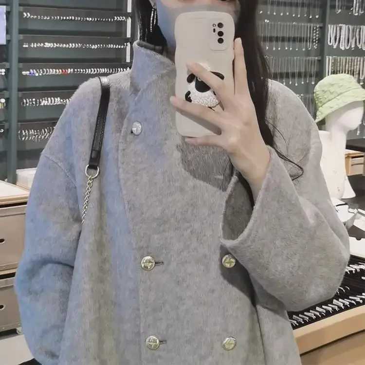 Plus Size New Korean Style Womens Thickened Woolen Coat Loose Fit Autumn Winter Grey Colorful Large Size Outerwear Fashionable J251124