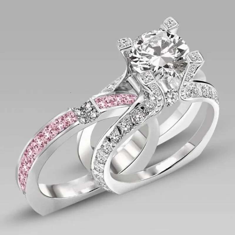 14K White Gold Vintage Lovers Grown Pink Diamond Ring Set Engagement Wedding Rings for Women Men Jewelry