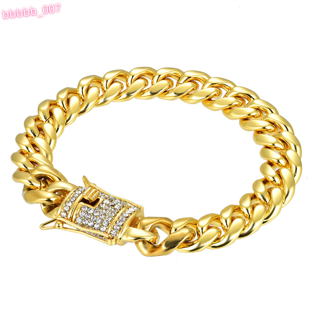 Hiphop Stainless Steel Gold Plated Link Hand Chain Bracelet for Men Cuban Chain with CZ Pave Lock for Wedding or Gift