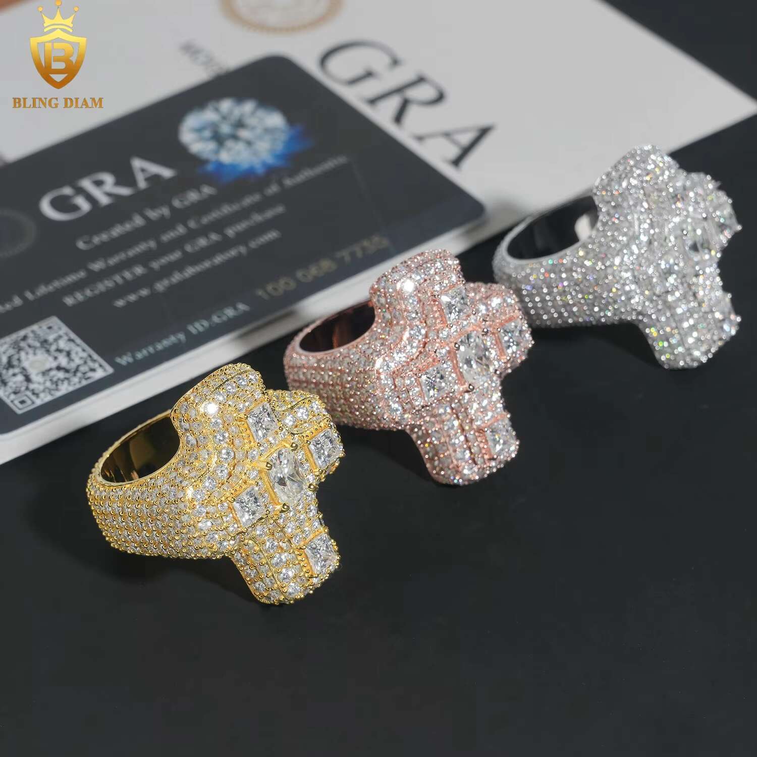 Hip Hop Jewelry 925 Sterling Silver Gold Plated Men Cross Ring Vvs Moissanite Iced Out Gra Certificate Pass Diamond Tester
