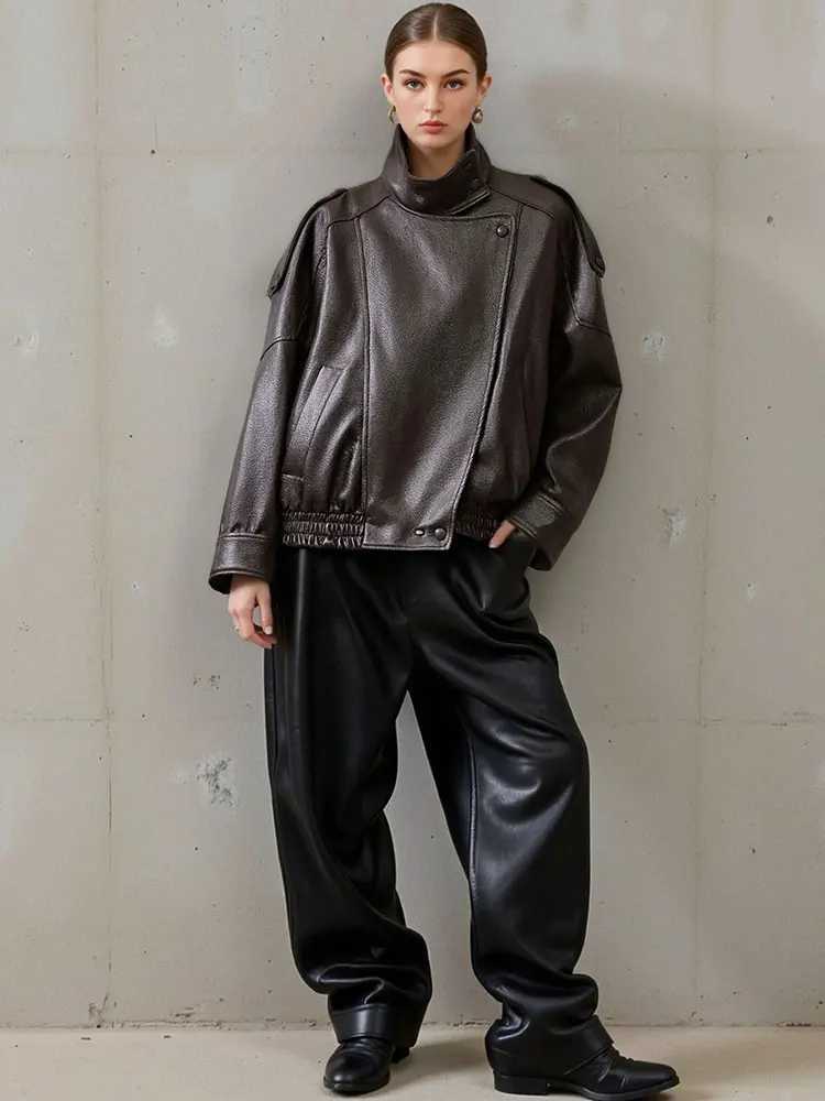 HH Women Vintage Pu Leather Motorcycle Jackets Long Sleeve Turtleneck Zipper Coat Autumn High Street Lady Faux Leather Jacket J251124