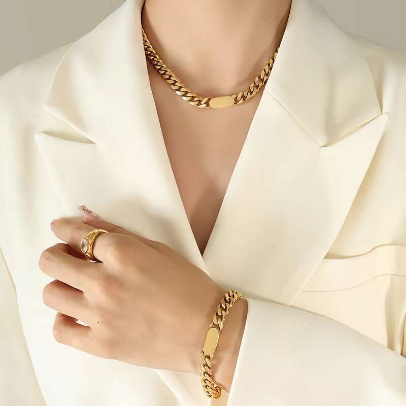 Cool Hip Hop Stainless Steel Cuban Chain Necklace Gold Plated Bracelet Sets Fashionable Accessories for Wedding Party Engagement