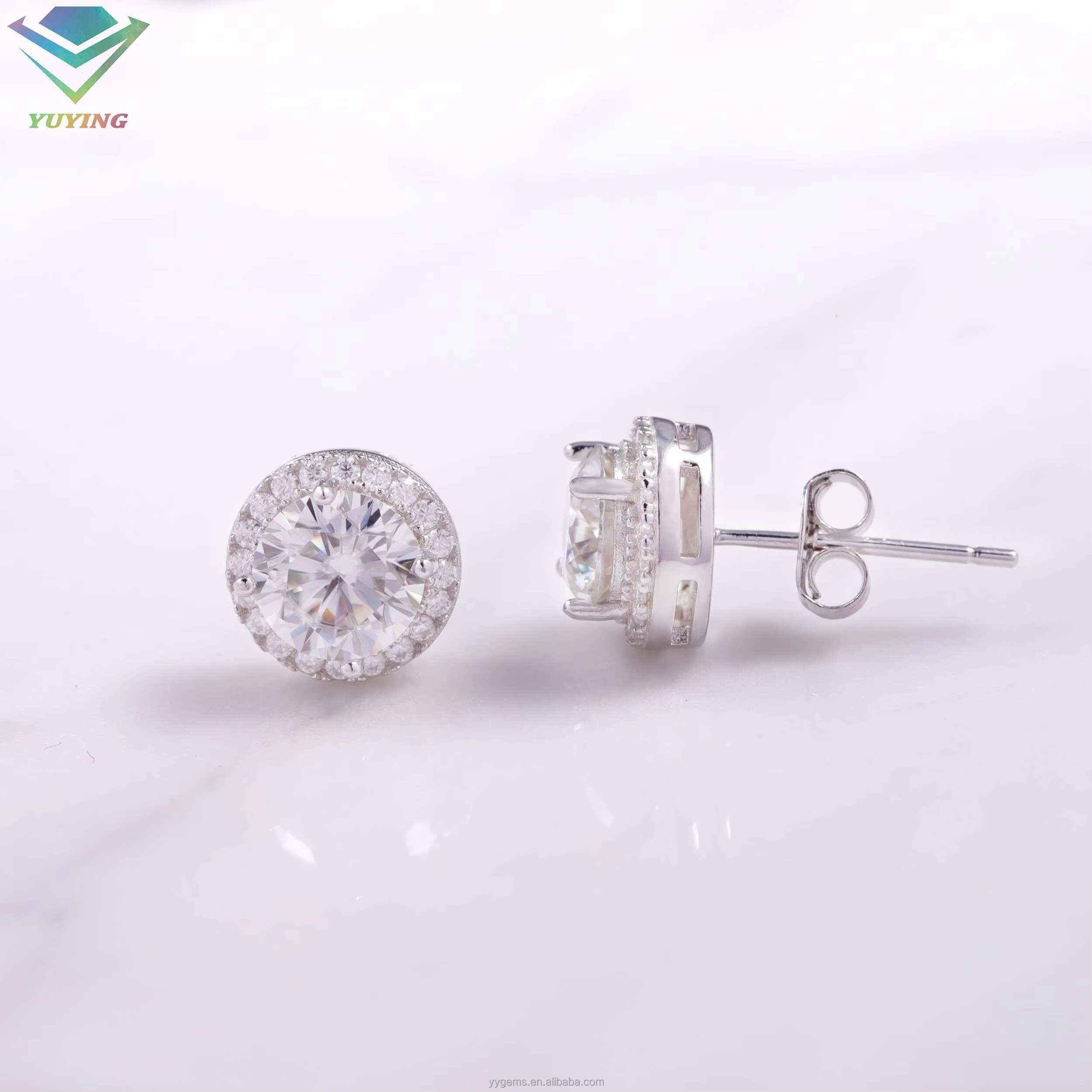 Hot Sale 1ct 2ct Brilliant Round Moissanite Earring with halo Style S925 Silver White Gold Plated Fashion Jewelry Stud Earrings