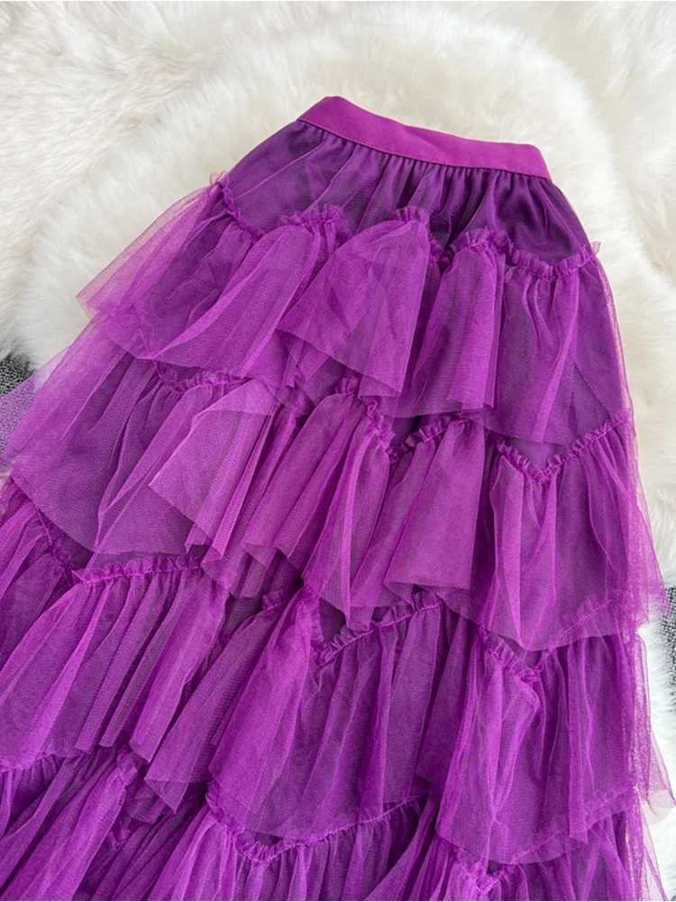 Tutu Tulle Long Skirts Women Spring Korea Solid A-line High Waist Mesh Strap Maxi Skirt Women Faldas Aesthetics M250424