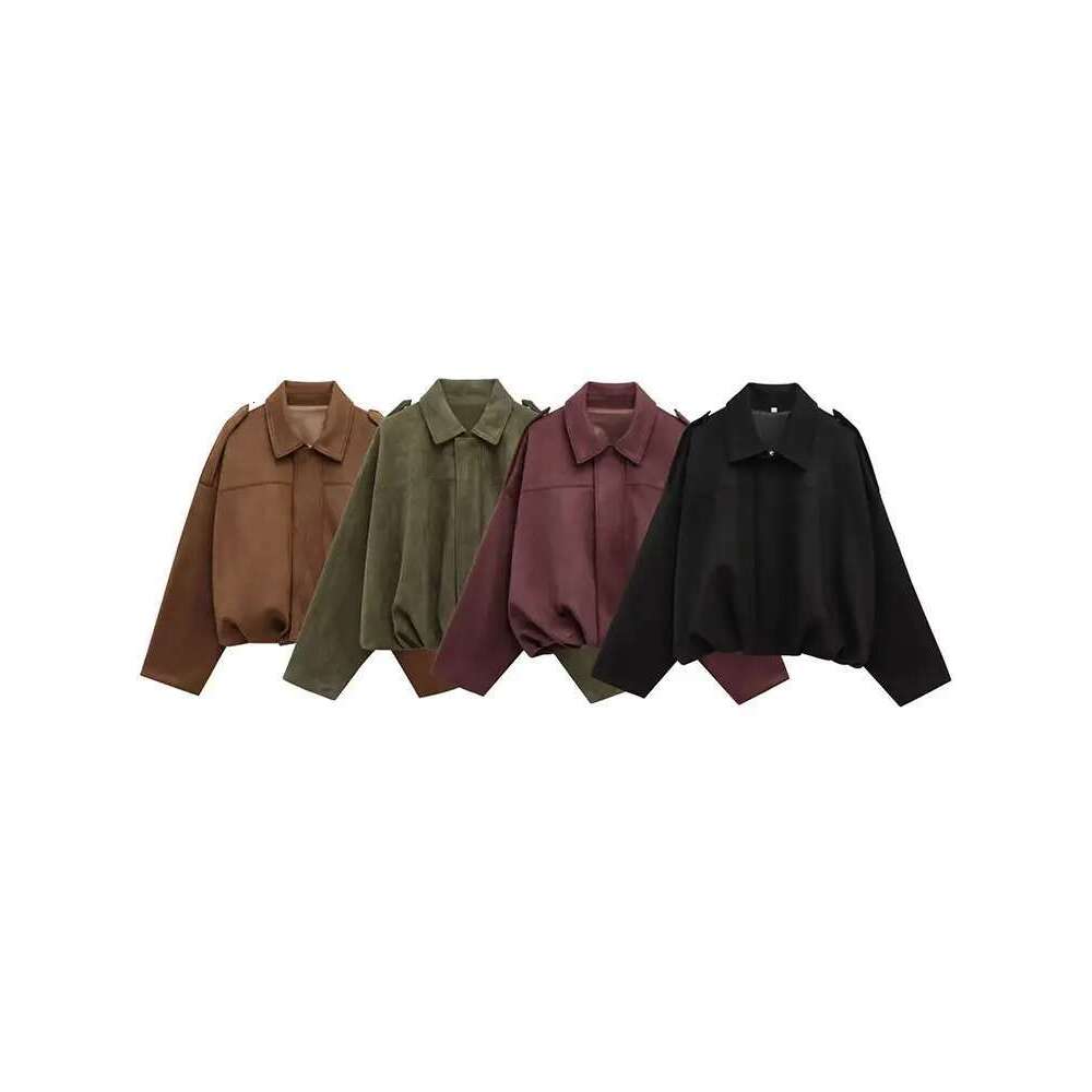 Designer Clothes TRAFZA Female New Spring Vintage Suede Texture Jackets Long Sleeves Solid Lapel Elastic Hem Zipper Fly Loose High Street Coats