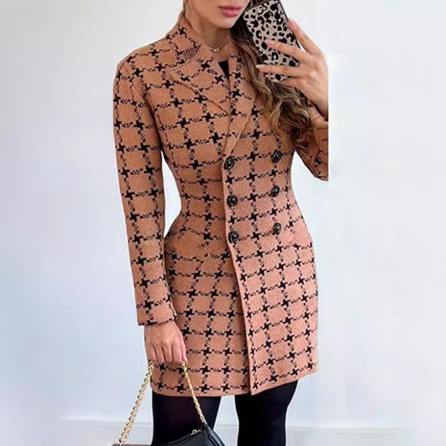 2023 Autumn/Winter Long sleeved Double breasted Suit Collar Printed Small Coat Womens Wear