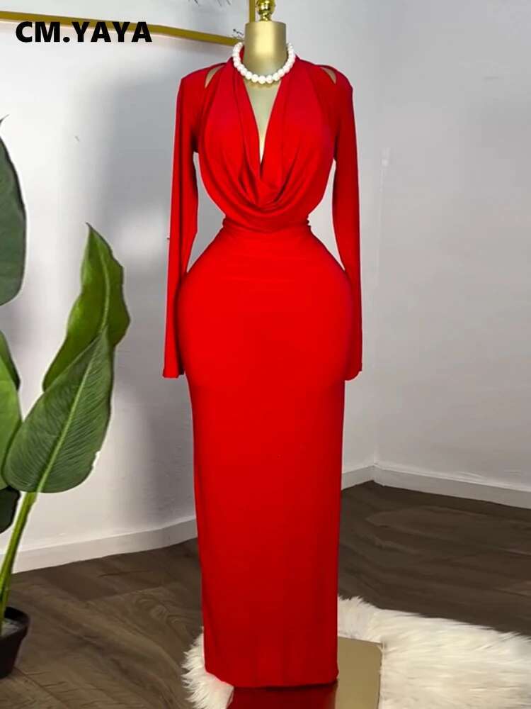 Cm.Yaya Women Full Sleeve Pile Collar Long Maxi Dress 2025 Sweet Holiday Beach Birthday Evening Sexy Girl Party Dresses Vestidos