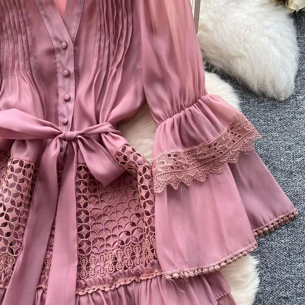 Elegant Hollow Out Lace V-Neck Vintage Flare Sleeves Chic Bandage Slim A-Line Cake Long Dresses French High Street Clothing