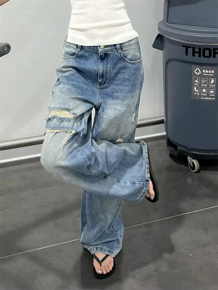 Womens patch work holiday twopiece n hole denim pants cool girl Trouser retro bottom womens high waist wide leg jeans 250417