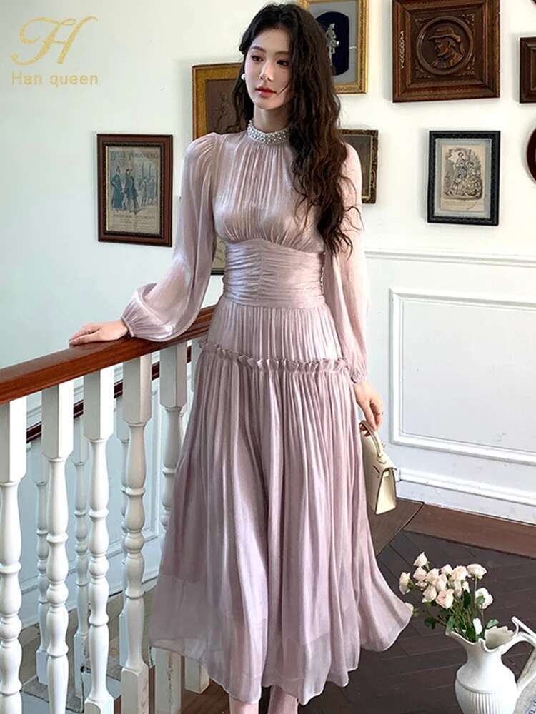 H Han Queen Spring Pleated Waist Cinched Long Bubble Sleeve Dress A-Line Casual Nail Bead Vintage French Style Party Dresses