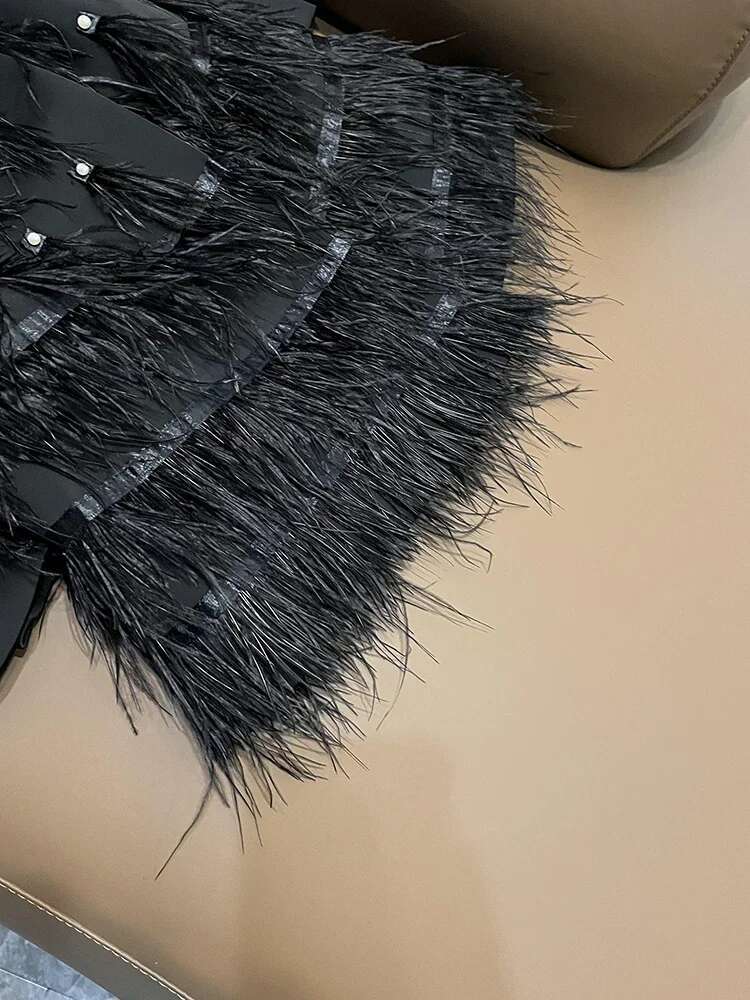 TWOTWINSTYLE Solid Temperament For Women Lapel Long Sleeve Patchwork Feathers Sashes Slimming Dresses Female Kdr516133