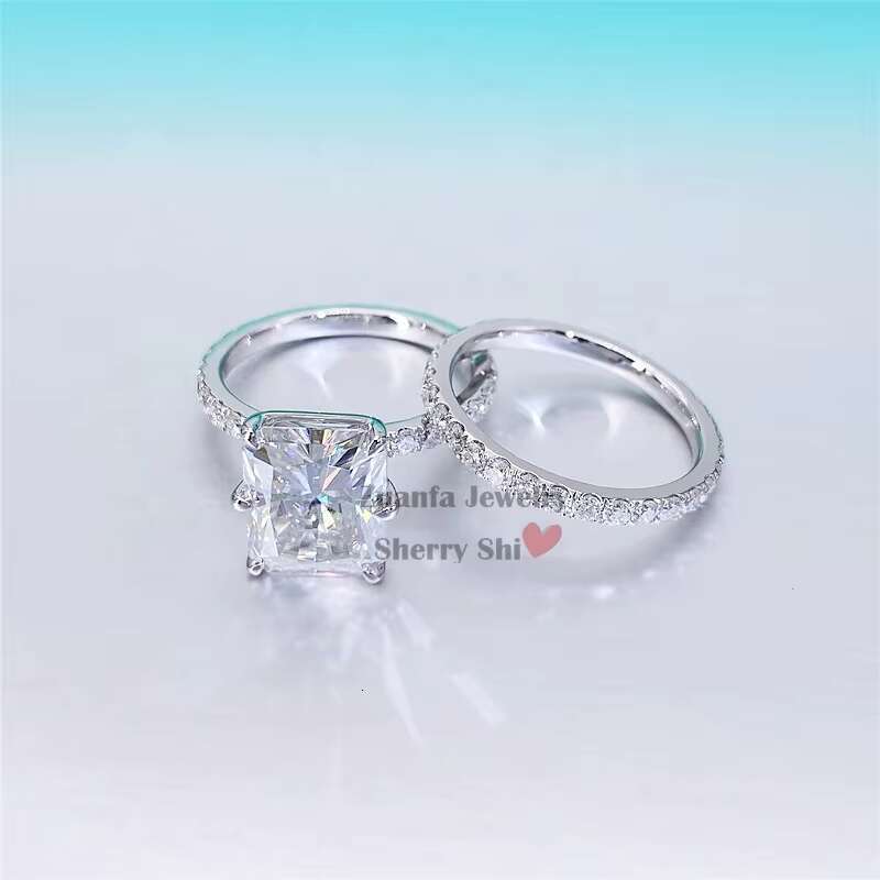 Radiant Cut Gra Certificated 10k 14k 18k White Gold Moissanite Engagement Ring Set