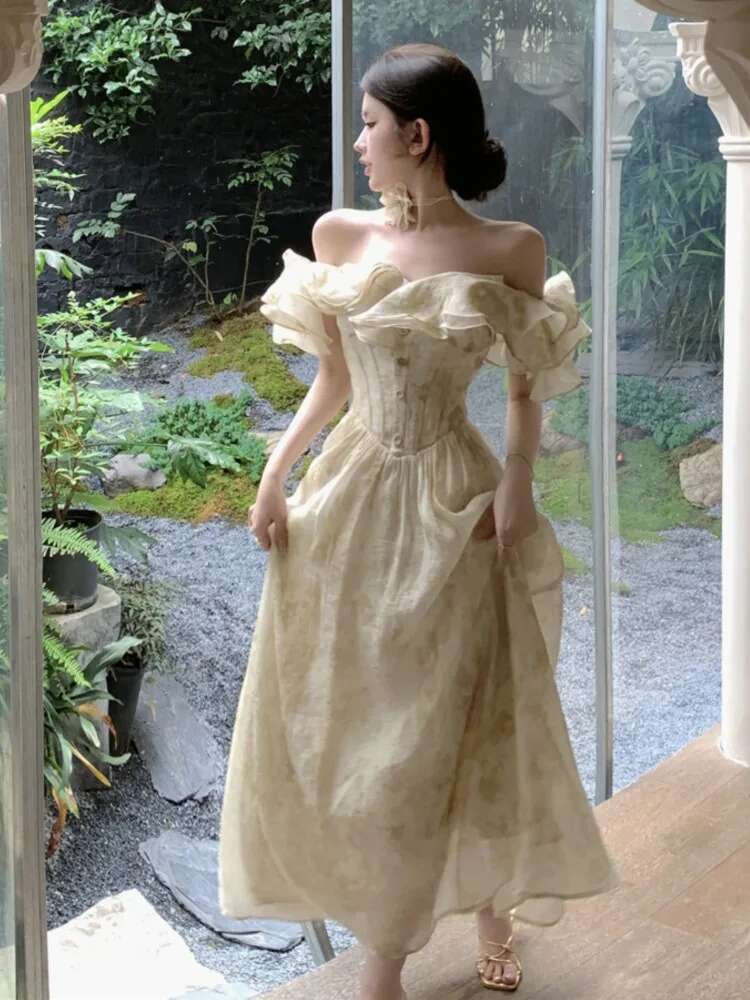 France Elegant Slim Ruffles Midi Dresses Summer Princess Evening Party Prom Dress Women Fashion Off Shoulder A-Line Vastidos