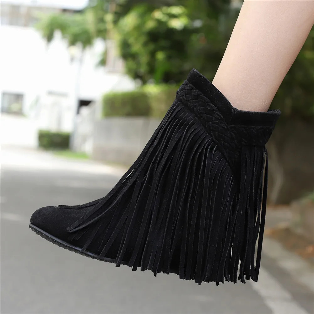 2024 Fashion Autumn Winter Ethnic Woman Bohemian Flock Tassle Hidden Moccasin Ankle Boots Fringe Female Slip On Shoes 250418