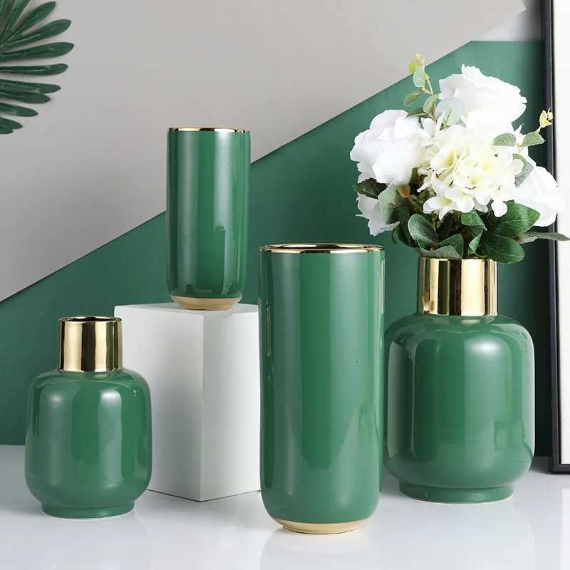Ins High-value Light Luxury Gold-plated Ceramic Green Vase Nordic Living Room Flower Ornaments Dining Table Green Flower Set C251124
