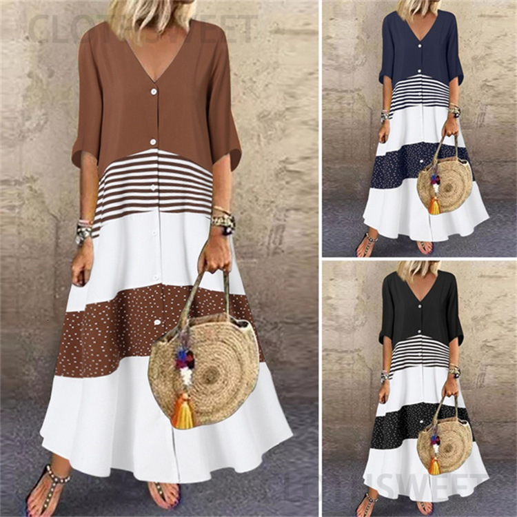 2022 summer new V-neck short sleeve printed long dress button casual skirt