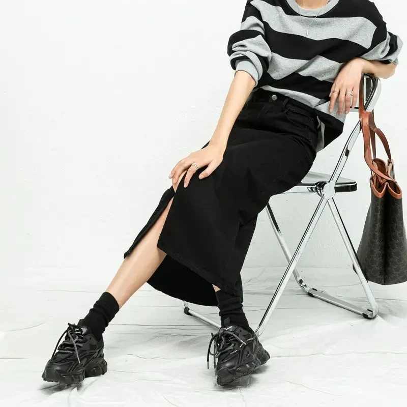 Split style denim womens high waisted loose A-line skiing Korean elegant black skiing spring fashion mid length skiing M250424