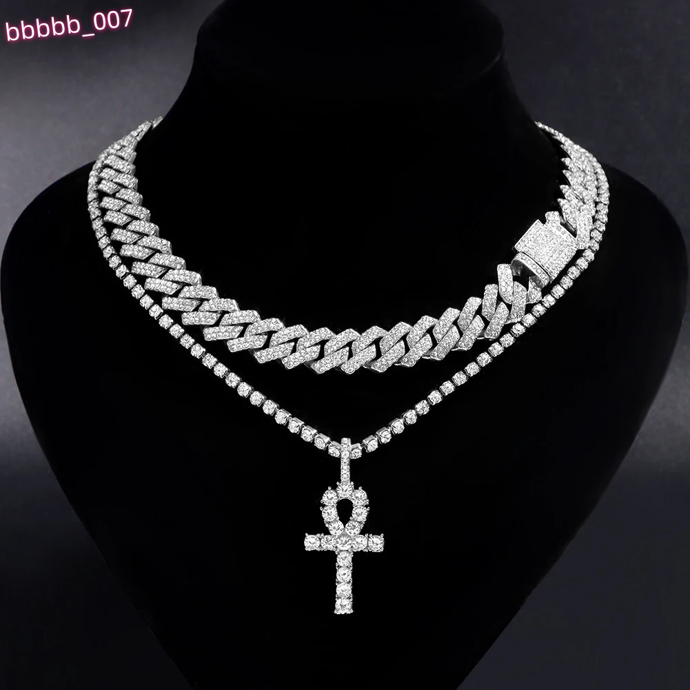 2Pcs Punk Crystal Cross Ankh Tennis Chain Iced Out Prong Cuban Link Chain Necklace For Men Women Rapper Necklaces Hiphop Jewelry