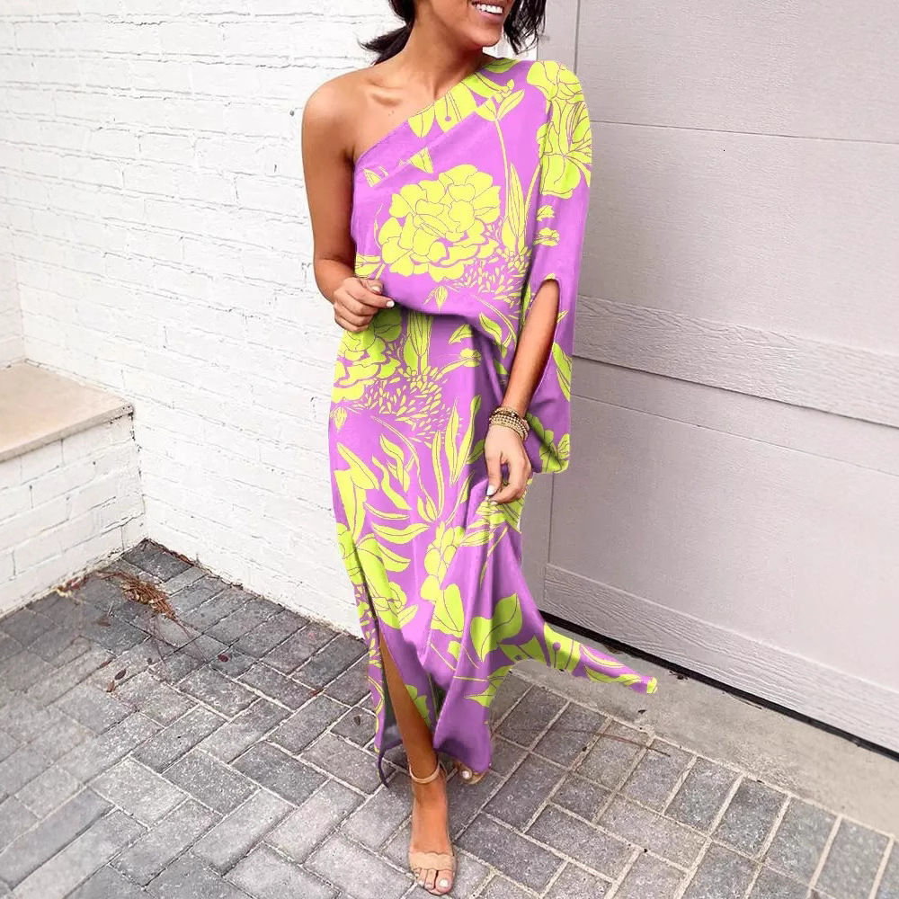 2022 summer loose off shoulder and waist print womens dress