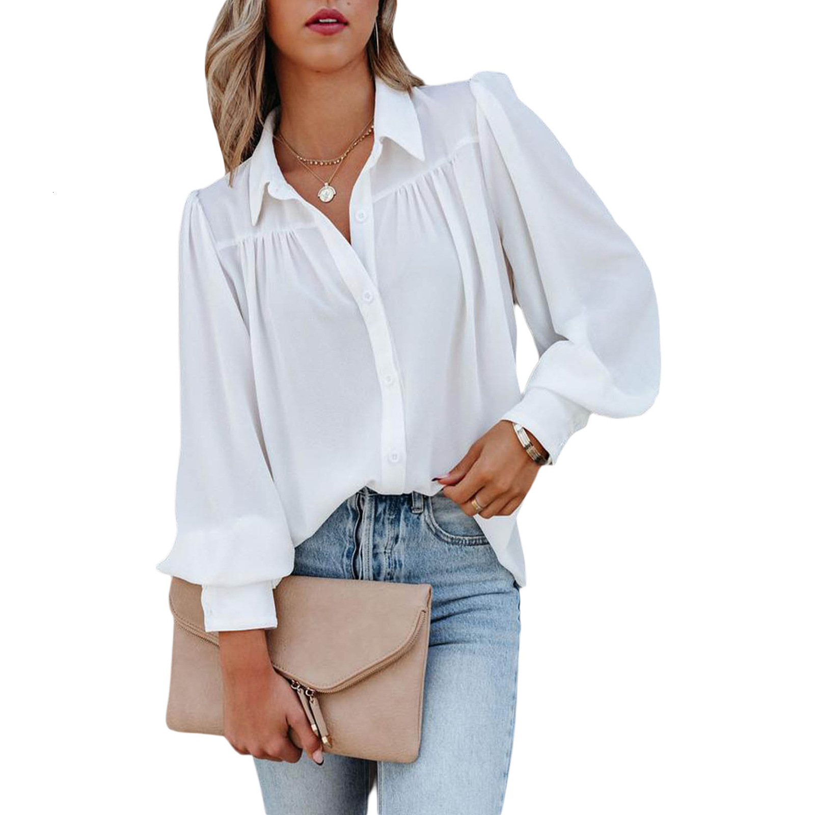 2022 Yama long sleeve button up top Lantern Sleeve pleated solid color stand collar loose shirt womens wear