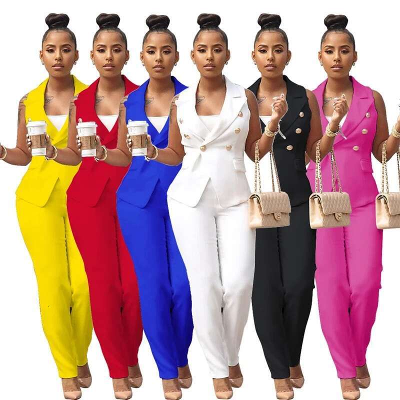 Business OL Work Wear Two Piece Pant Suits For Women Set Elegant Sleeveless Blazer Top + Pencil Pants Office Lady Matching Sets