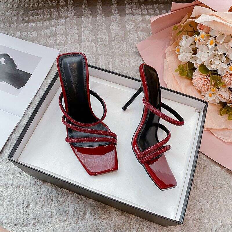 Woman Sandals Summer New Fairy Feng Shui Diamond High Women S Thin Heels Square Headed Lacquer Leather One Line Strap Beautiful Cool Slippers Women