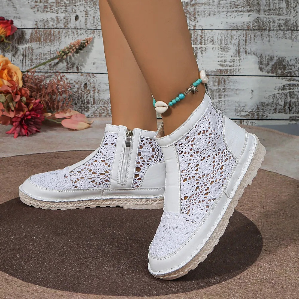 Mesh Cool Boots for Women 2024 Summer Thin Breathable Womens Versatile Short Boots Zipper Mesh Hollow Open Boots 250418