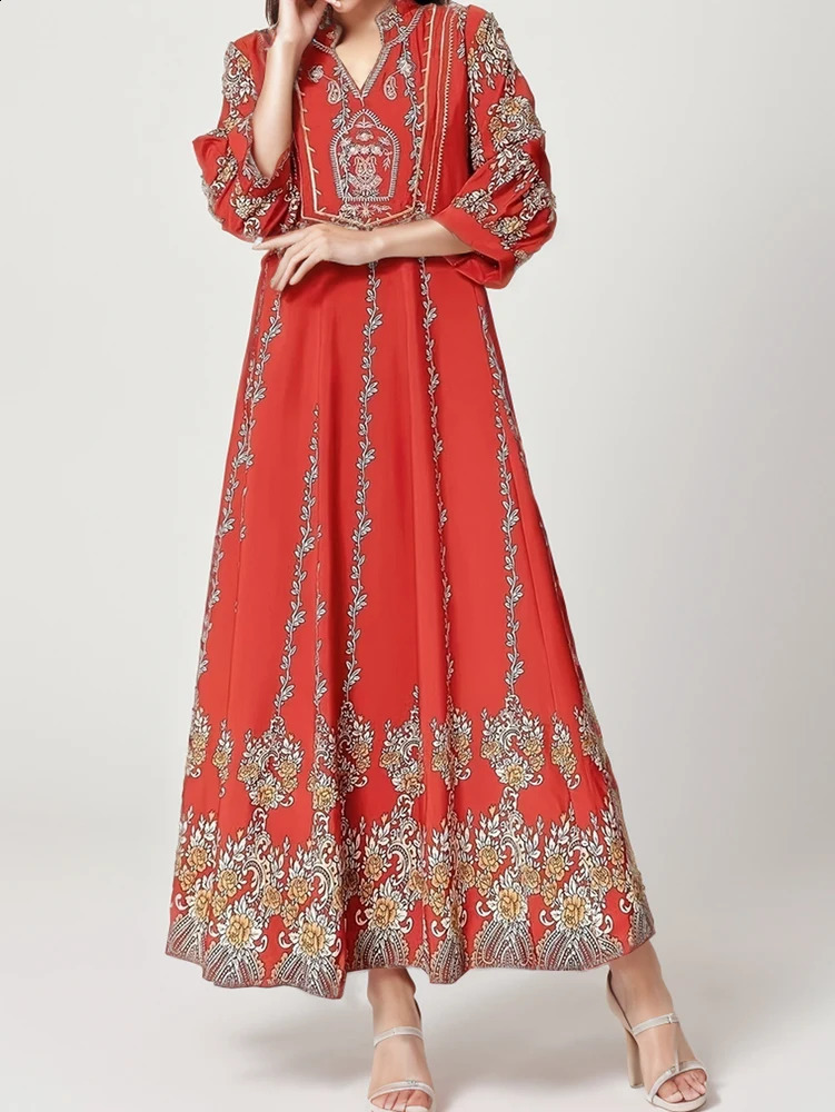 2025 Womens Casual Floral Printed V-Neck Dress Irregular Tone Casual Round Neck Long Dress Polyester 250423