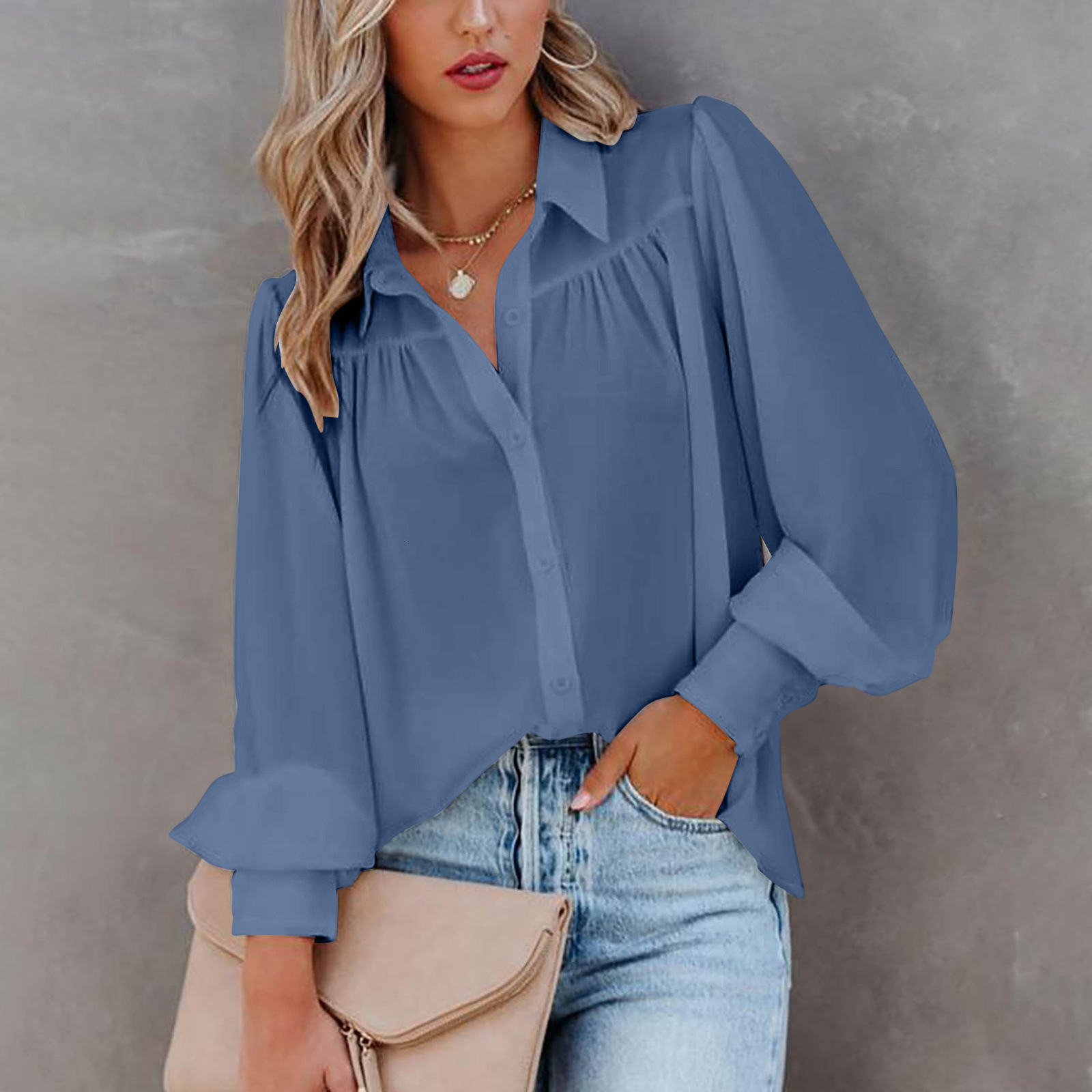 2022 Yama long sleeve button up top Lantern Sleeve pleated solid color stand collar loose shirt womens wear