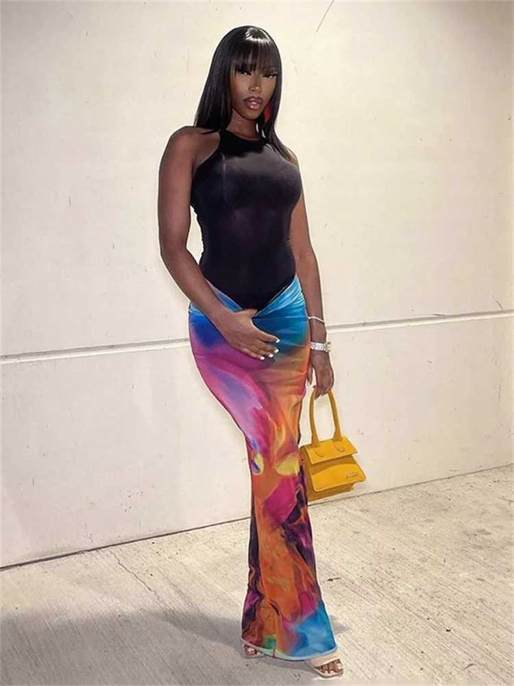 Simenual Harajuku Aesthetics Multi Printed High Waist Long Skirts Women Cyber Y2K Package Hip Skirt Chic Holiday Outfits Slim M250424