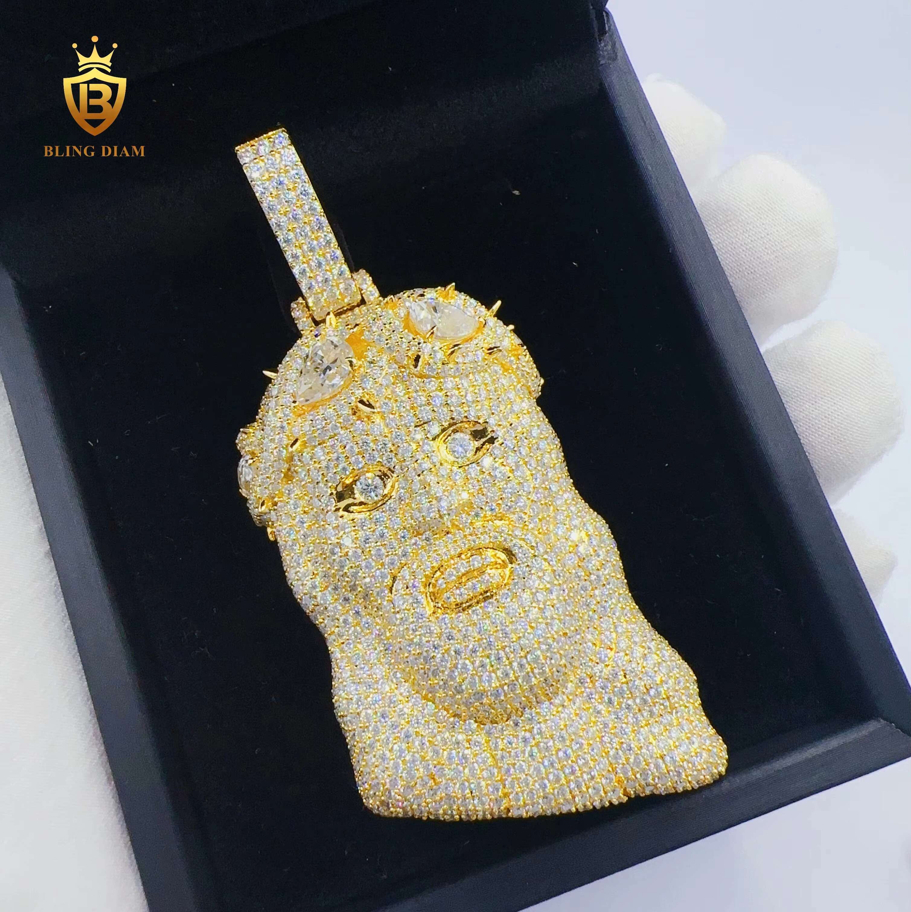 Custom 18K Gold Plated and White Gold 925 Sterling Silver VVS Moissanite Jesus Head Pendant