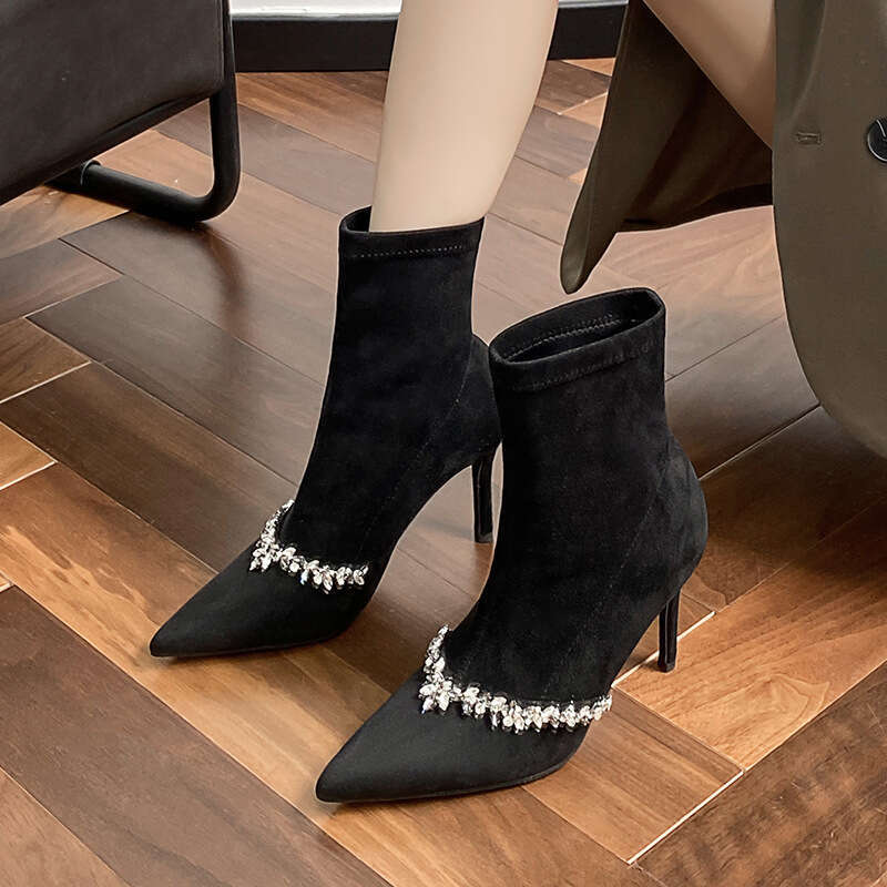 Woman Sandals Black Suede High Heeled Short For Women New Style French Rhinestone Pointed Thin Heel Elastic With Fleece Slimming Boots