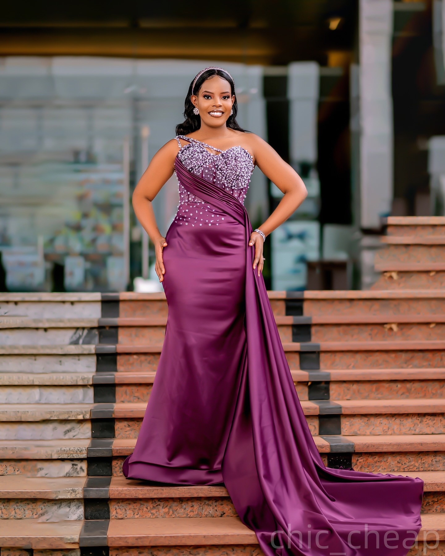 Mermaid Purple Plus Size Prom Dresses 2025 Pearls Crystals Satin One Shoulder Evening Formal Party Second Birthday Engagement Gowns Dress For Special 