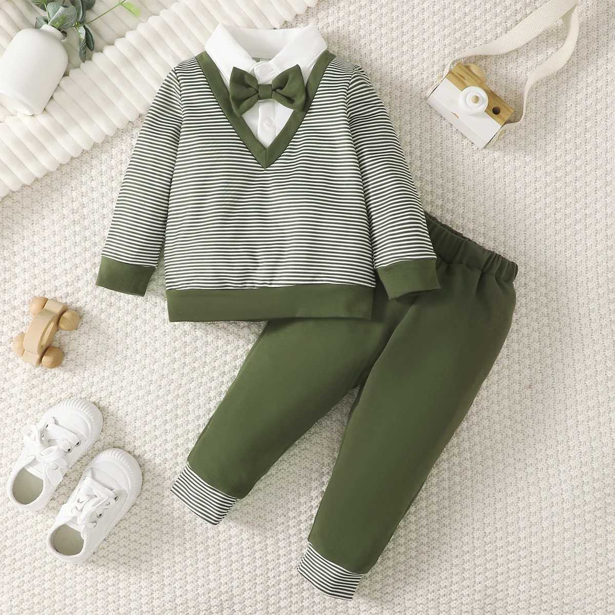 Clothing Sets 0-3 Years Baby Boy Set Bow Striped College Style Top+Pants 2Pcs/Set Toddler Baby Boy Spring and Autumn Set Baby clothing R250424 07TE