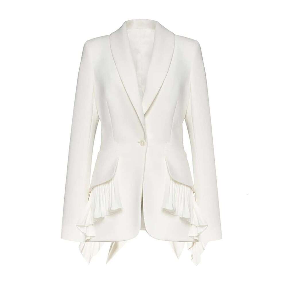 2025 Spring Autumn Blazer White Tailored Ruffled Suit Office Jacket With Hem Pleats For Women Single Buttoned Long Sleeve