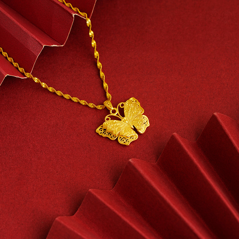 Vietnamese Gold-Toned Brass Hollowed Out Fortune Bag Pendant Necklace with Retro Design
