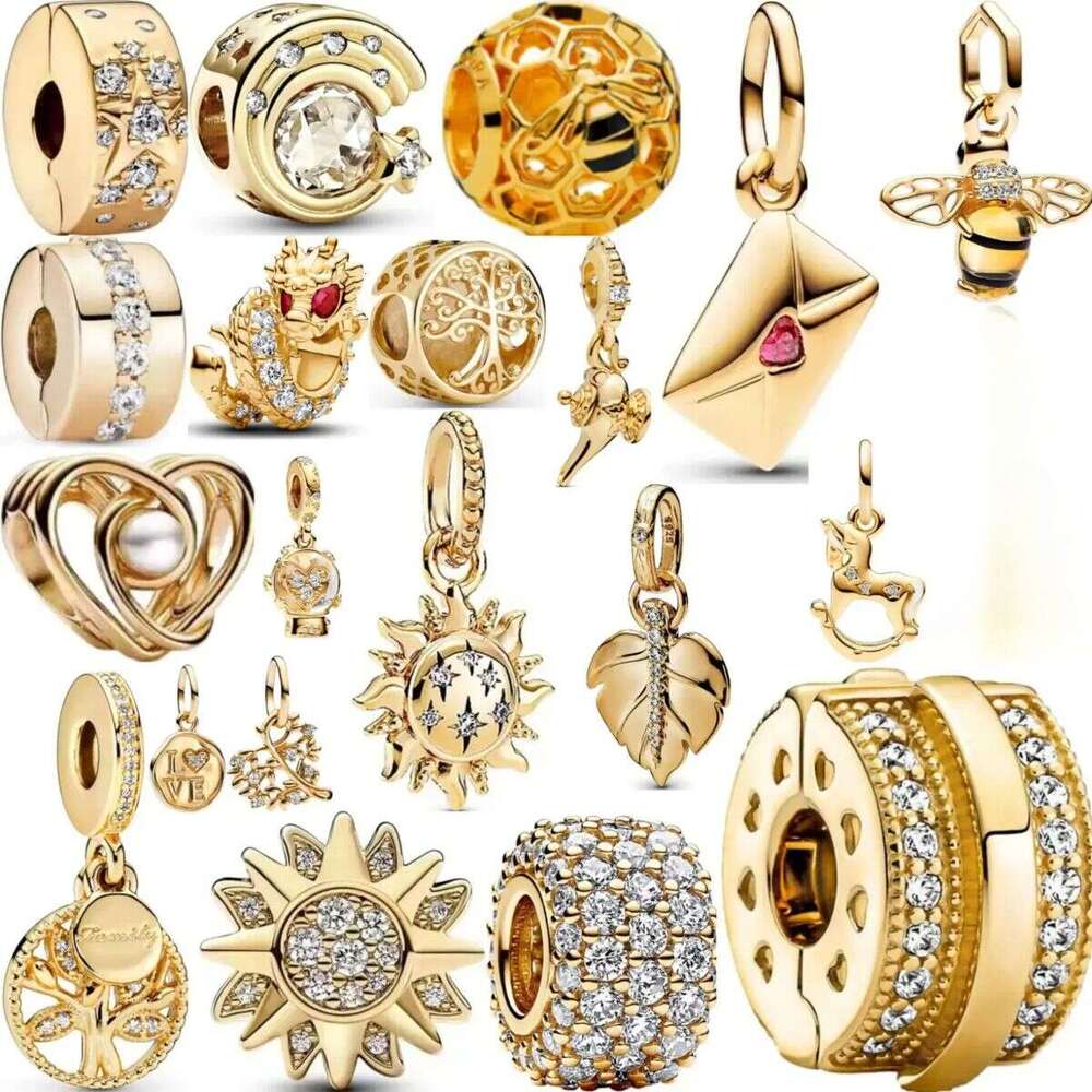 925 Silver Bee heart Tree and Horse Pendant Charms With Gold color beads Fit Original Charm Bracelet DIY For Women's Bracelet Free Gift Free Ship
