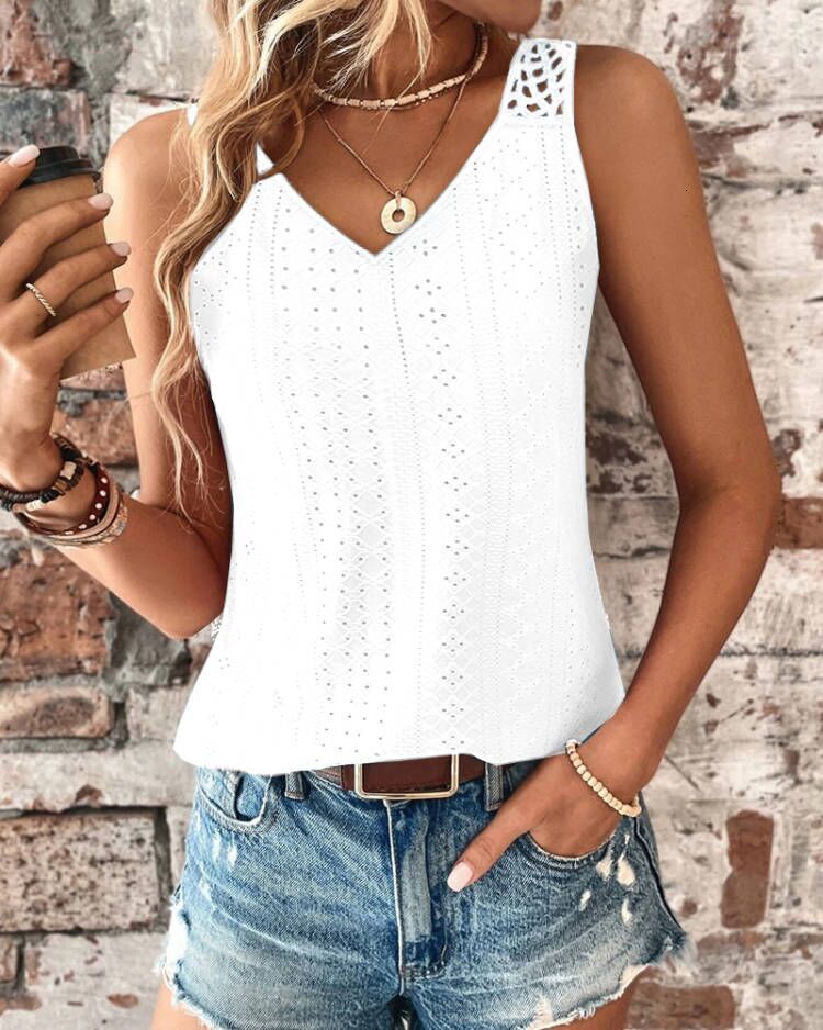 2024 New Summer Back Hollow Lace Solid Color V-neck Tank Top for Women
