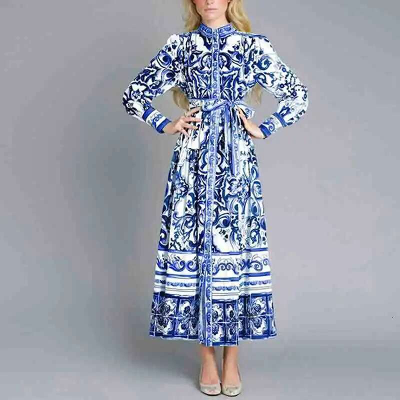 New European And American Women's Fashion Retro Lantern Print Long Sleeve Swing Dress Woman