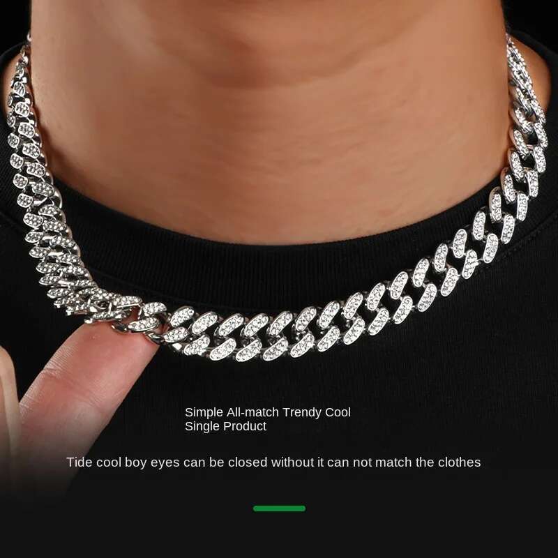 Hip Hop Shiny 12MM Cuban Link Chain Necklace Women Men Silver Color Rhinestone Iced Out Cuban Chain Punk Jewelry Necklace Gift
