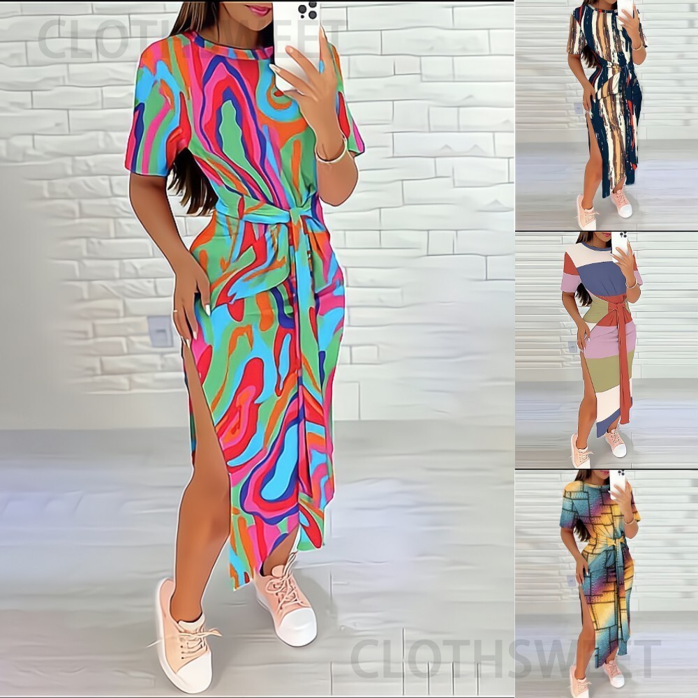 2023 Summer Round Neck Geometric Printed Bag Hip Dress for Women