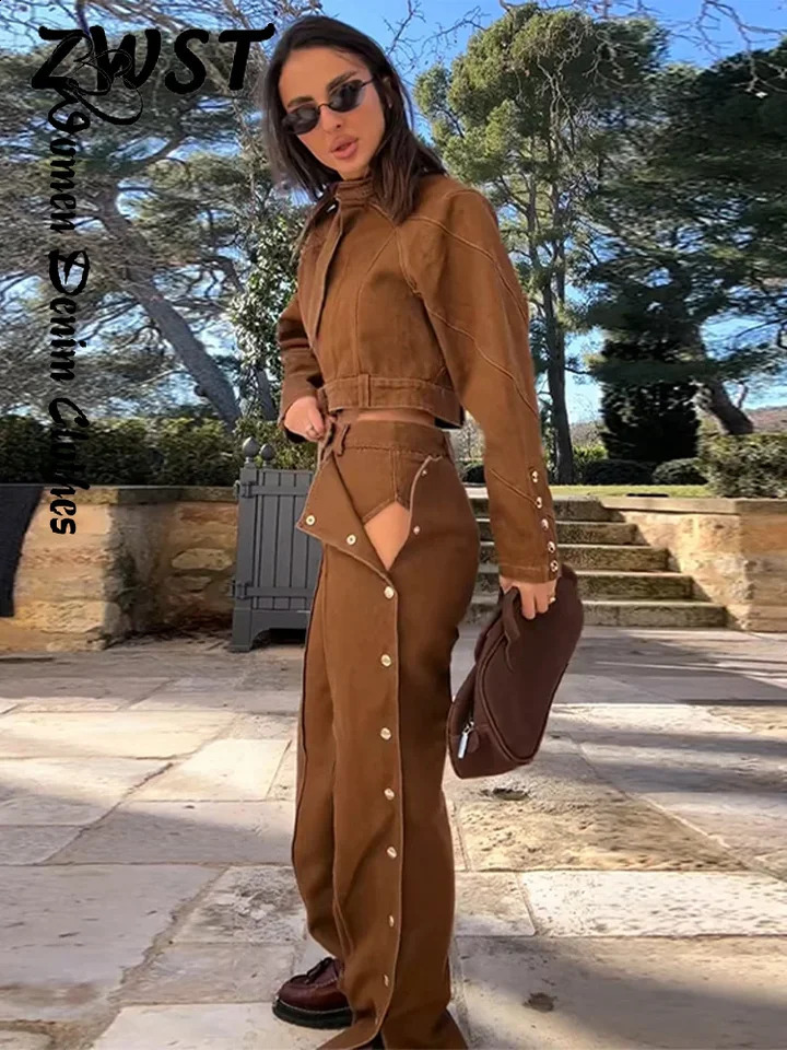 Vintage Denim Button Split Pants Set Women Stand Collar Bow Long Sleeve Crop Coat Wide Leg Straight Jeans Street Brown Suit 250424